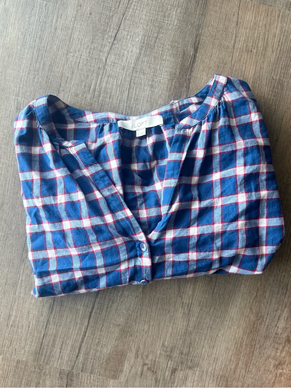 Loft Blue Plaid Midi Length Drawstring Top